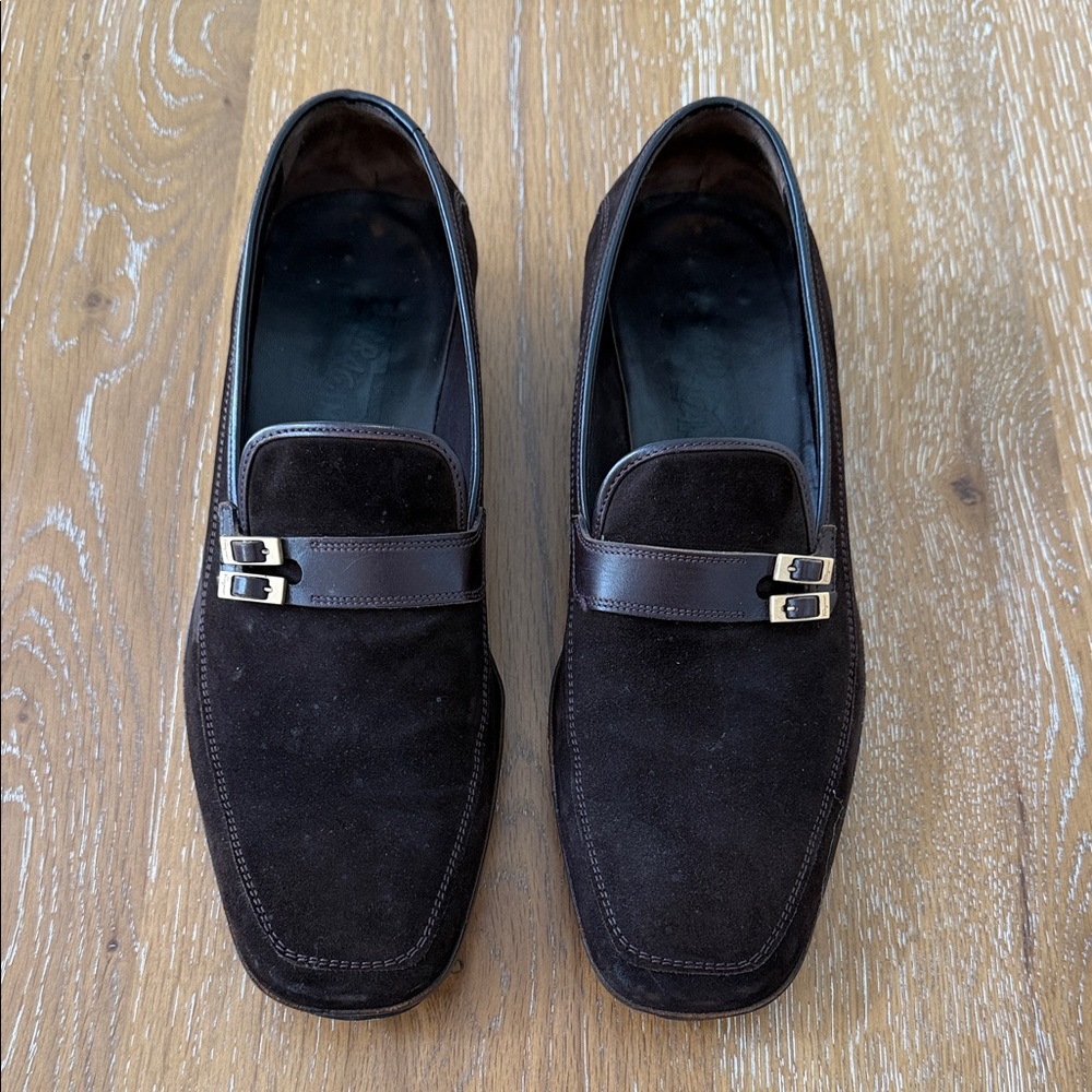 Ferragamo Men's Brown Suede Slip-On Loafers with Gold Buckle